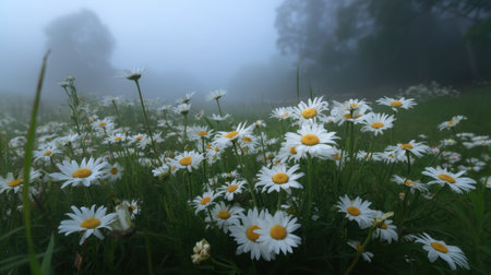 A serene view of a lush meadow filled with charming white daisies, enveloped in soft morning fog, perfectly capturing the beauty of nature at dawn.の素材