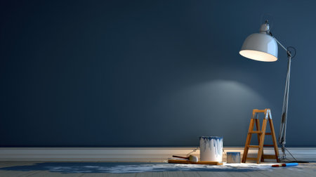 A modern interior scene captures a home renovation setup featuring a ladder, a paint can, and a lamp against a deep blue wall. Perfect for design inspiration!の素材