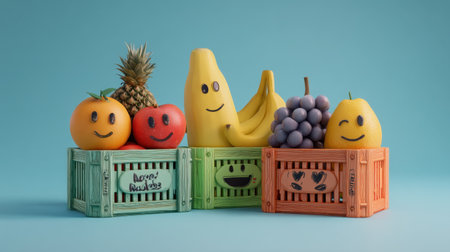 A cheerful arrangement of fruits with playful smiley faces displayed in colorful crates against a blue background, perfect for fun designs.の素材