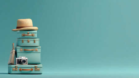 This vibrant image showcases stylish travel essentials, featuring stacked suitcases, a vintage camera, and a straw hat against a soft turquoise background, perfect for vacation themes.の素材