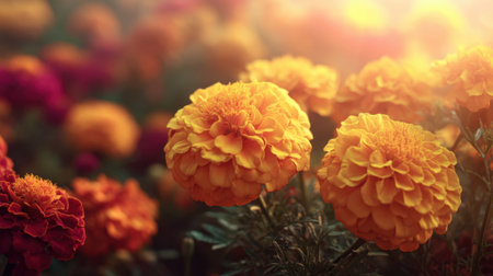 This captivating image showcases vibrant marigold flowers blooming in a colorful garden, illuminated by soft morning sunlight. The rich hues create a serene and inviting atmosphere.の素材