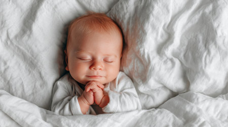A serene baby sleeps peacefully on a soft white blanket, hands gently clasped in a prayer pose, showcasing innocent beauty and tranquility.の素材