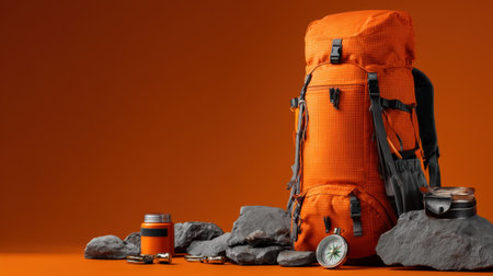 A vibrant orange backpack is prominently displayed with essential camping gear on rocks, set against a vivid orange background. Ideal for outdoor adventure themes.の素材