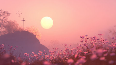 A breathtaking landscape featuring a serene sunset with a cross silhouette, surrounded by blooming flowers in soft pink hues. Perfect for a peaceful and reflective ambiance.の素材