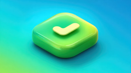 Vibrant green checkmark icon set against a colorful background, showcasing a modern 3D design ideal for app development and digital use.の素材