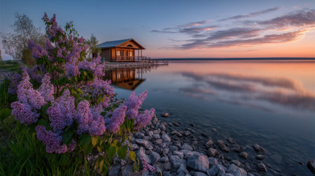 A serene lakeside scene features a wooden cabin surrounded by blooming lilacs and tranquil water reflecting the vibrant sunset hues.の素材