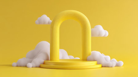 This image features an abstract geometric arch in bright yellow with fluffy clouds, creating an artistic and modern visual environment. Perfect for creative projects.の素材