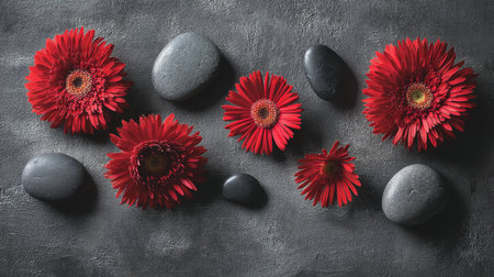A captivating overhead view of vibrant red flowers elegantly placed alongside smooth stones, creating a serene atmosphere perfect for wellness and relaxation themes.の素材
