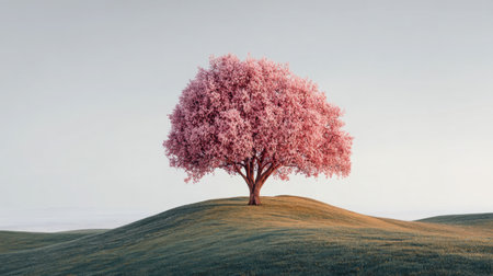 This stunning image captures a solitary pink blossom tree atop a gentle hill, surrounded by lush greenery beneath a soft, cloudy sky.の素材