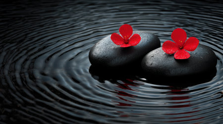 Discover a serene composition of black stones adorned with vibrant red petals, resting on a calm water surface, creating a peaceful atmosphere.の素材