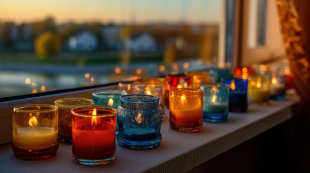A mesmerizing array of colorful candles illuminating a windowsill during sunset, creating an inviting atmosphere perfect for relaxation and tranquility.の素材