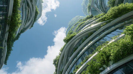 This image showcases modern architecture with green terraces reaching towards a bright sky. The innovative design merges nature with urban living, highlighting sustainability and creativity in architectural forms.の素材