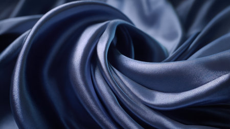This stunning image showcases a deep blue silk fabric elegantly draped, highlighting its smooth texture and soft waves under gentle lighting.の素材
