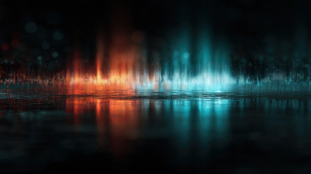 This abstract artwork features vibrant sound wave visualizations in blue and orange hues, reflecting on a dark surface, creating a dynamic atmosphere.の素材