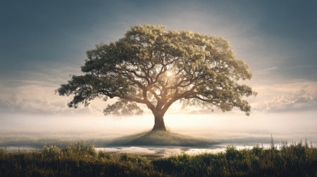 A stunning image featuring a solitary, majestic tree surrounded by mist in the early morning light. Sunlight filters through the lush green leaves, creating a tranquil atmosphere that invites contemplation and appreciation of nature's beauty.の素材