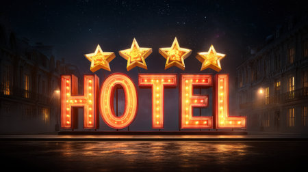 A stunning neon hotel sign lit up at night, featuring four glowing stars, creates a captivating urban atmosphere perfect for travel and leisure.の素材