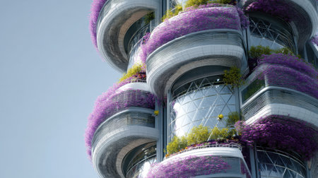 A stunning modern skyscraper entwined with purple flowers and lush greenery, showcasing innovative design and harmony with nature against a bright sky.の素材