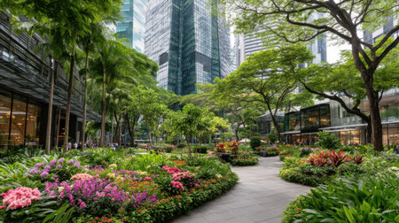 An inviting urban garden showcases a blend of lush greenery and vibrant flowers amidst modern high-rise buildings, perfect for relaxation and enjoyment.の素材
