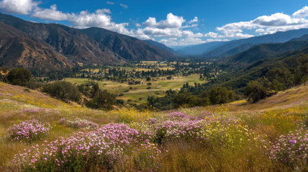 A breathtaking view of a lush green valley nestled between mountains, featuring vibrant wildflowers in the foreground under a clear blue sky.の素材