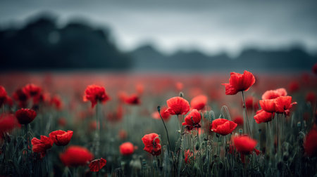 A breathtaking view of vibrant red poppies blooming across a lush green field under a soft, cloudy sky. This image captures nature's exquisite beauty.の素材