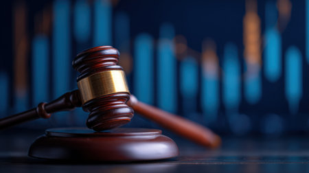 A wooden gavel rests on a sound block, symbolizing authority in law and justice, set against a blurred financial graph representing business dynamics.の素材