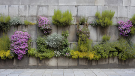 A stunning vertical garden features an array of colorful flowers and lush green plants blooming against a modern stone wall, enhancing urban charm.の素材