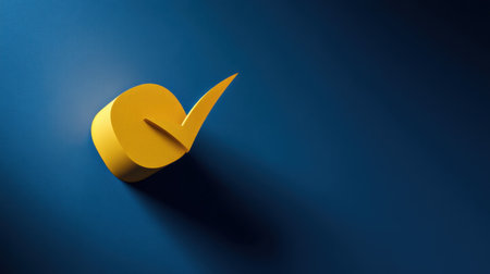 A bright yellow check mark symbol stands out against a deep blue background, embodying themes of approval and positive outcomes in a modern design.の素材