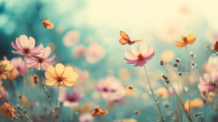 A serene scene showcasing vibrant wildflowers with delicate butterflies fluttering above, creating a dreamlike atmosphere in nature.の素材