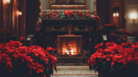This captivating indoor Christmas scene features vibrant poinsettias surrounding a warm fireplace, creating a cozy and inviting atmosphere perfect for the holiday season.の素材