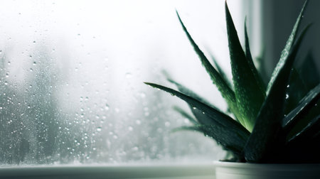 A serene indoor scene featuring a fresh aloe vera plant by the window, with raindrops on the glass creating a calming ambiance and promoting relaxation.の素材