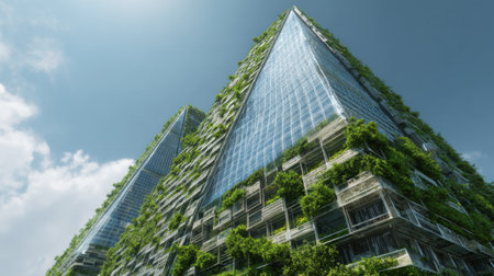 Stunning view of contemporary eco-friendly skyscrapers adorned with lush vertical gardens. These innovative buildings transform urban architecture through harmonizing nature with modern design.の素材