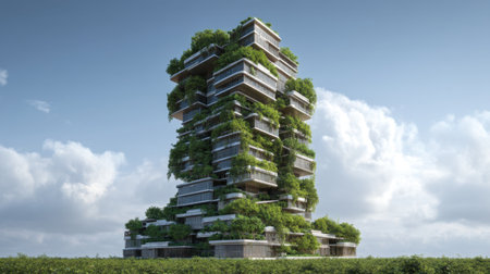 A stunning futuristic building integrates nature with modern architecture, showcasing vibrant greenery and unique design elements under a clear sky.の素材