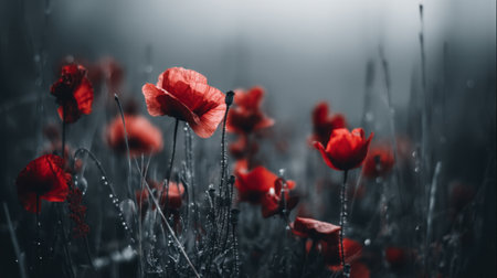 A captivating image of vibrant red poppy flowers set against a moody black and white background, showcasing their beauty and elegance. Dew drops enhance the natural charm.の素材