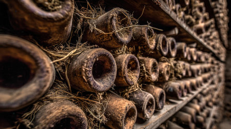 A close-up view of aged wooden containers filled with straw creates a rustic atmosphere. This image captures the essence of craftsmanship and nature's touch, perfect for showcasing organic materials and vintage aesthetics.の素材