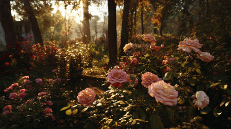 A beautiful scene of colorful roses basking in the morning sunlight creates a tranquil garden atmosphere, perfect for nature lovers.の素材