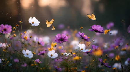 A stunning scene of vibrant wildflowers intertwining with graceful butterflies, captured during golden hour. The soft bokeh enhances the tranquility and beauty of nature.の素材