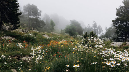 A stunning view of a misty landscape filled with wildflowers and lush greenery, creating a serene and peaceful atmosphere in nature.の素材