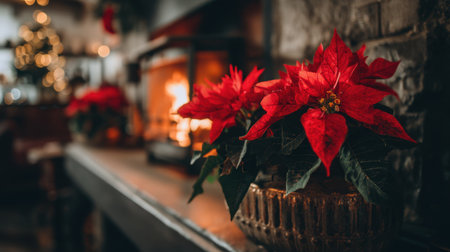 A cozy holiday scene featuring vibrant red poinsettia flowers placed near a glowing fireplace, creating a warm and inviting atmosphere perfect for winter celebrations.の素材