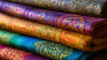 Close-up view of stacked vibrant textiles showcasing intricate patterns and rich colors, ideal for fashion design and artistic inspiration.の素材