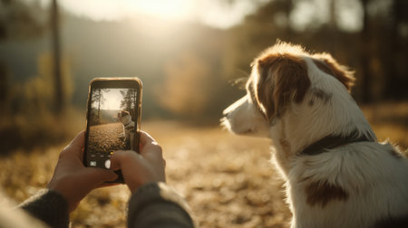 A person captures a beautiful moment of their dog against a stunning autumn backdrop, showcasing the warmth of companionship and nature.の素材