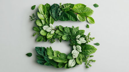 A stunning arrangement of various green leaves forming the shape of the number five, perfect for nature-centric designs and projects.の素材