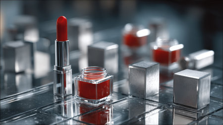 A stunning arrangement featuring vibrant red lipstick and gloss in modern silver containers, perfect for beauty and fashion lovers.の素材