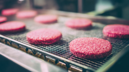 This image showcases fresh raw beef hamburgers arranged on a grill, highlighting the unique texture and color of the meat in a professional kitchen environment.の素材