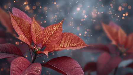 A captivating close-up of vibrant red leaves adorned with sparkling bokeh lights, creating a dreamy atmosphere ideal for nature-themed projects.の素材