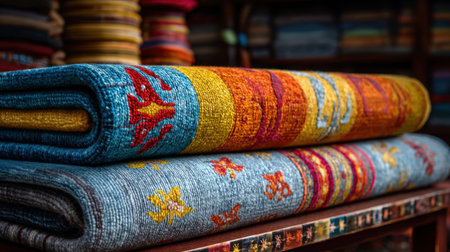 This image showcases vibrant handcrafted rugs arranged neatly in a market shop, featuring intricate patterns in bright colors that exemplify artisanal craftsmanship.の素材