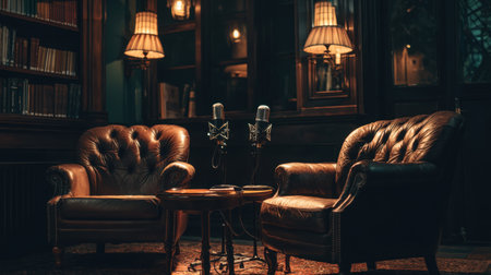 Discover a warm and inviting vintage reading room featuring elegant leather chairs and microphones, perfect for deep conversations or intimate interviews in a relaxed atmosphere.の素材
