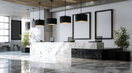 A sleek hotel reception area showcasing smooth marble counters, stylish pendant lights, and lush greenery, creating a welcoming atmosphere.の素材