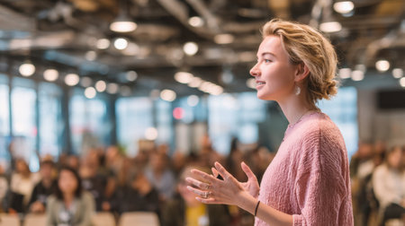 A charismatic speaker captivates the audience during a dynamic presentation in a modern conference room, fostering engagement and inspiration.の素材