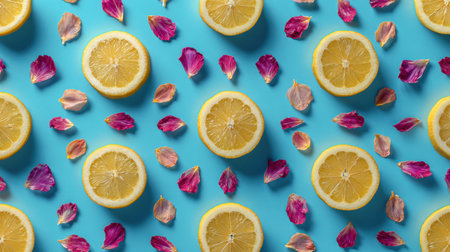 Enjoy the vibrant beauty of lemon slices artistically arranged with colorful petals on a bright blue background, perfect for culinary inspiration.の素材