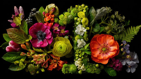 A stunning floral arrangement featuring a variety of colorful blooms and lush green foliage set against a dark background, creating a vibrant display.の素材